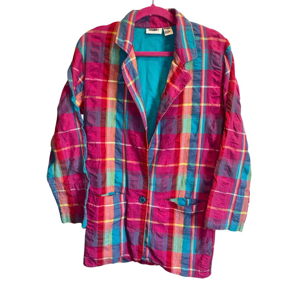 Vintage 80s Gitano Rainbow Plaid Crinkle Blazer Jacket Cotton Size S oversized